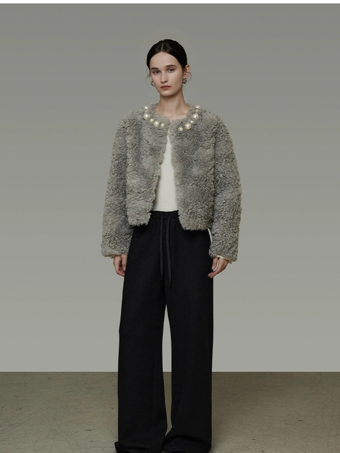 UNSPOKEN Warm Solid Color Loose Fit Crew Neck Long Sleeve Casual Women Gray Blue Jacket