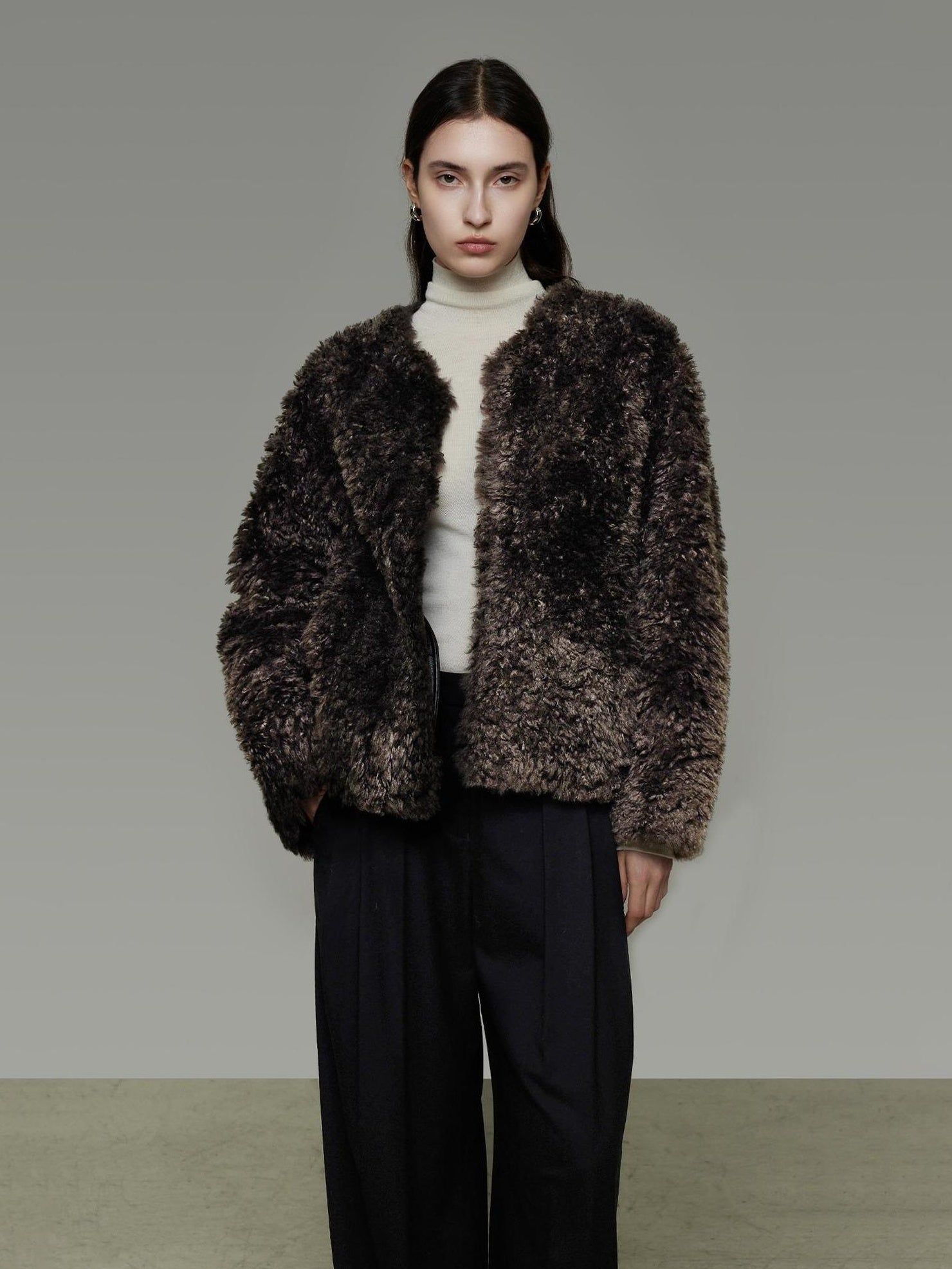 UNSPOKEN Warm Thick Collarless Cropped Loose Fit Women Solid Brown Polyester Jacket