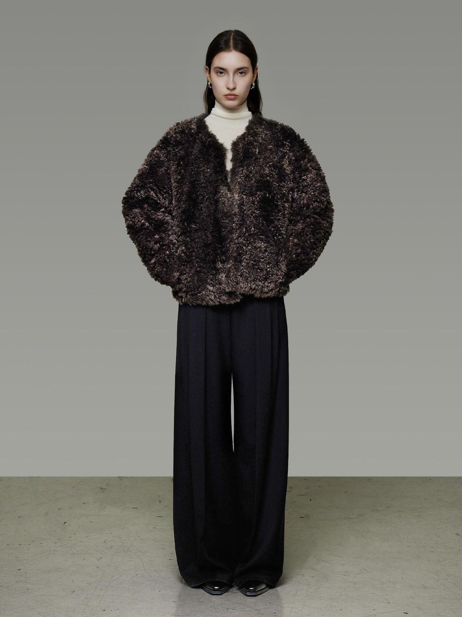 UNSPOKEN Warm Thick Collarless Cropped Loose Fit Women Solid Brown Polyester Jacket