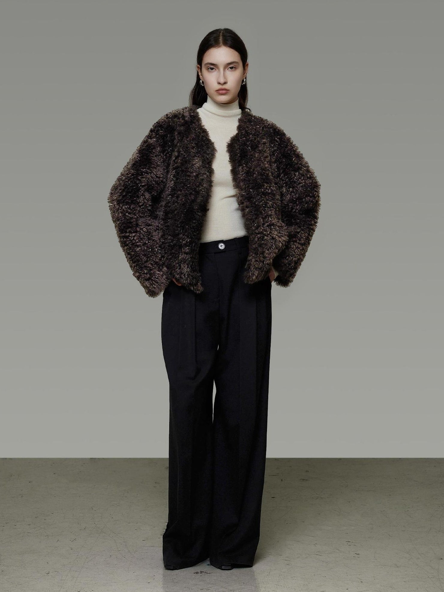 UNSPOKEN Warm Thick Collarless Cropped Loose Fit Women Solid Brown Polyester Jacket