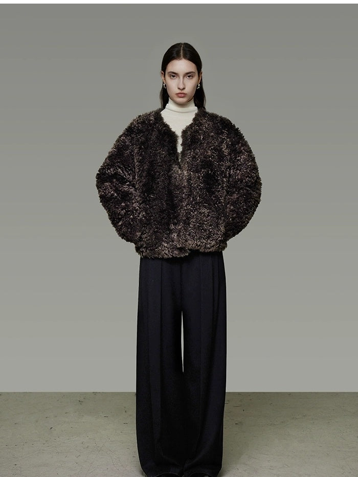 UNSPOKEN Warm Thick Collarless Cropped Loose Fit Women Solid Brown Polyester Jacket