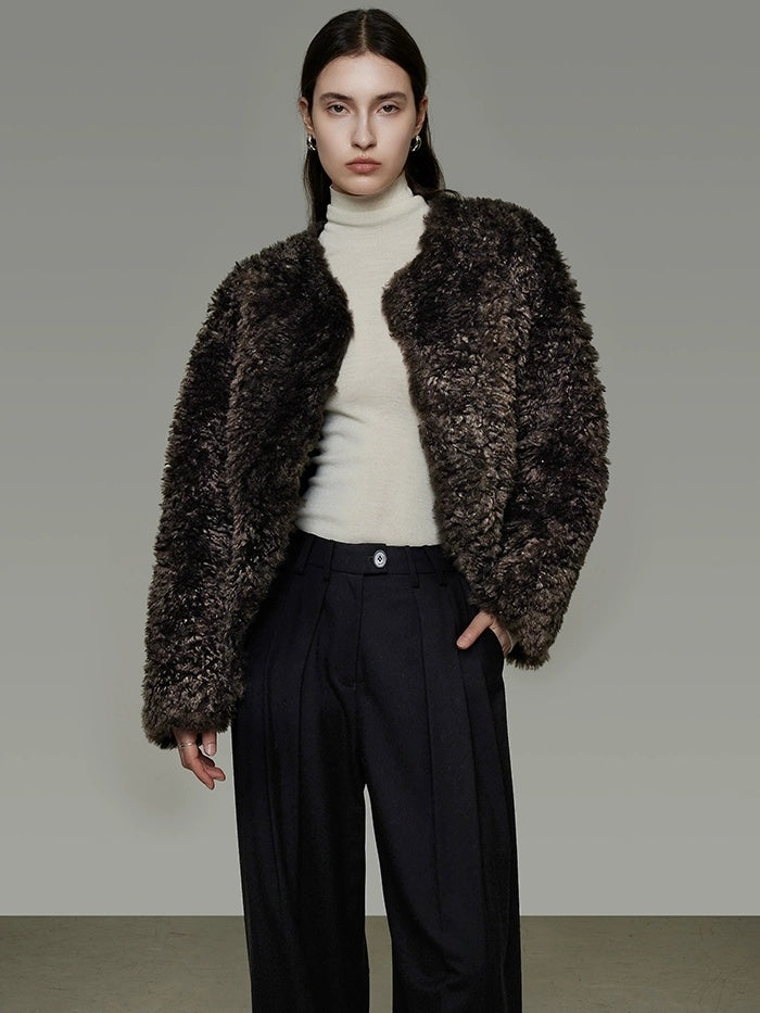 UNSPOKEN Warm Thick Collarless Cropped Loose Fit Women Solid Brown Polyester Jacket