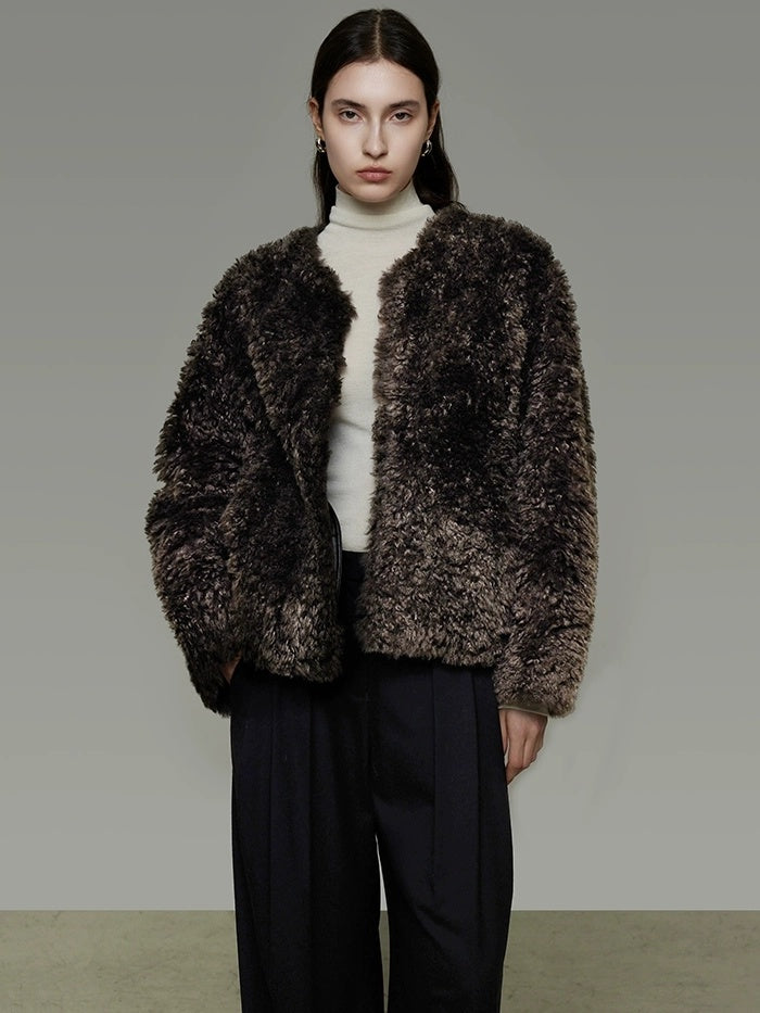 UNSPOKEN Warm Thick Collarless Cropped Loose Fit Women Solid Brown Polyester Jacket