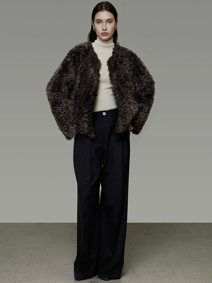 UNSPOKEN Warm Thick Collarless Cropped Loose Fit Women Solid Brown Polyester Jacket