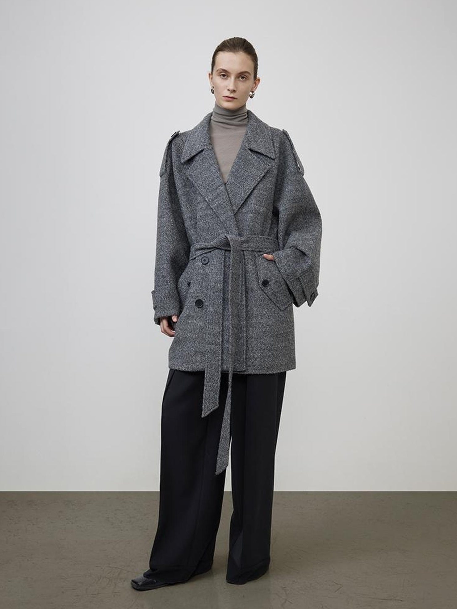 UNSPOKEN Warm Wool Blend Double Breasted Mid Gray Commuter Mid Length Coat