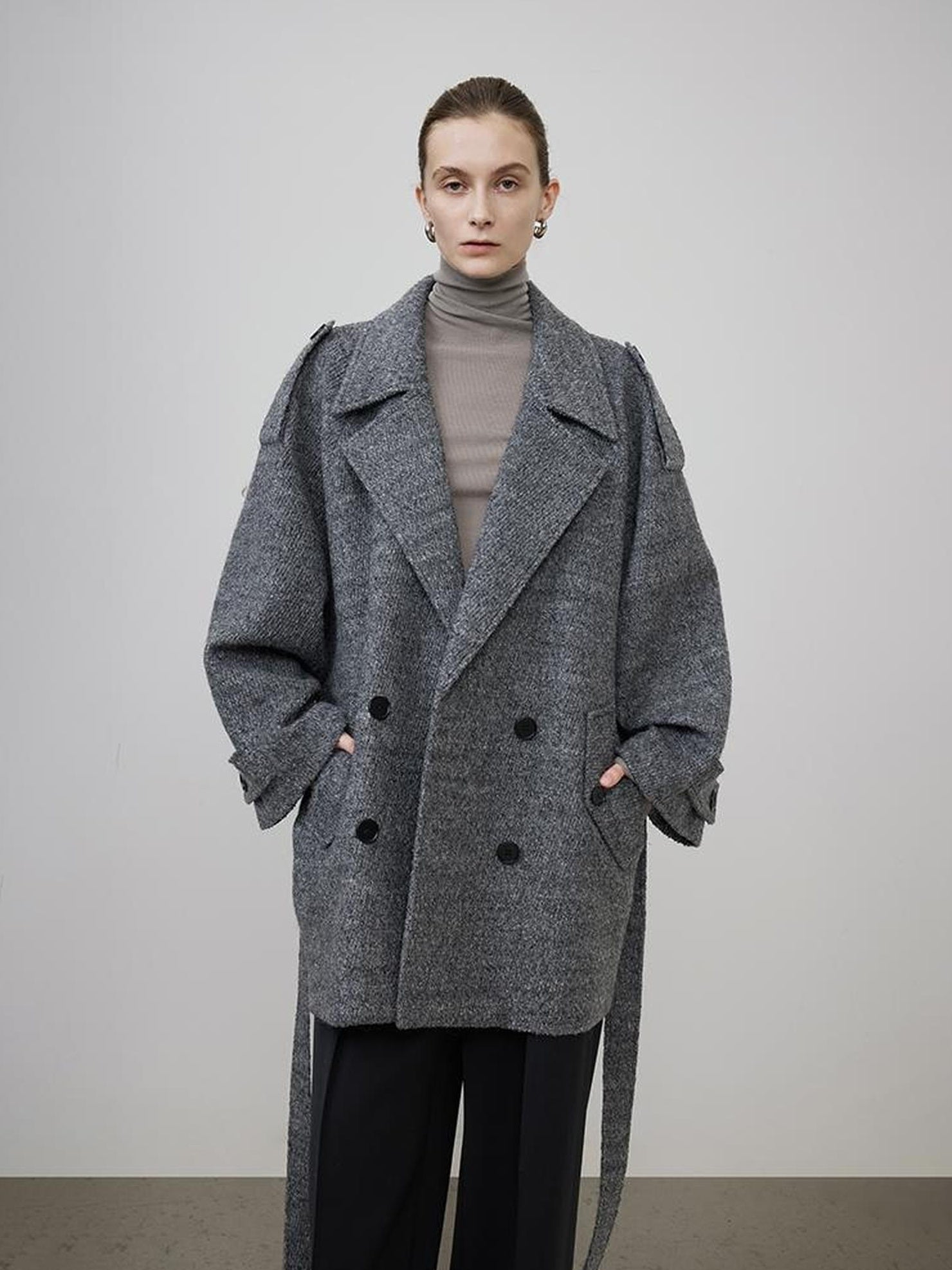 UNSPOKEN Warm Wool Blend Double Breasted Mid Gray Commuter Mid Length Coat