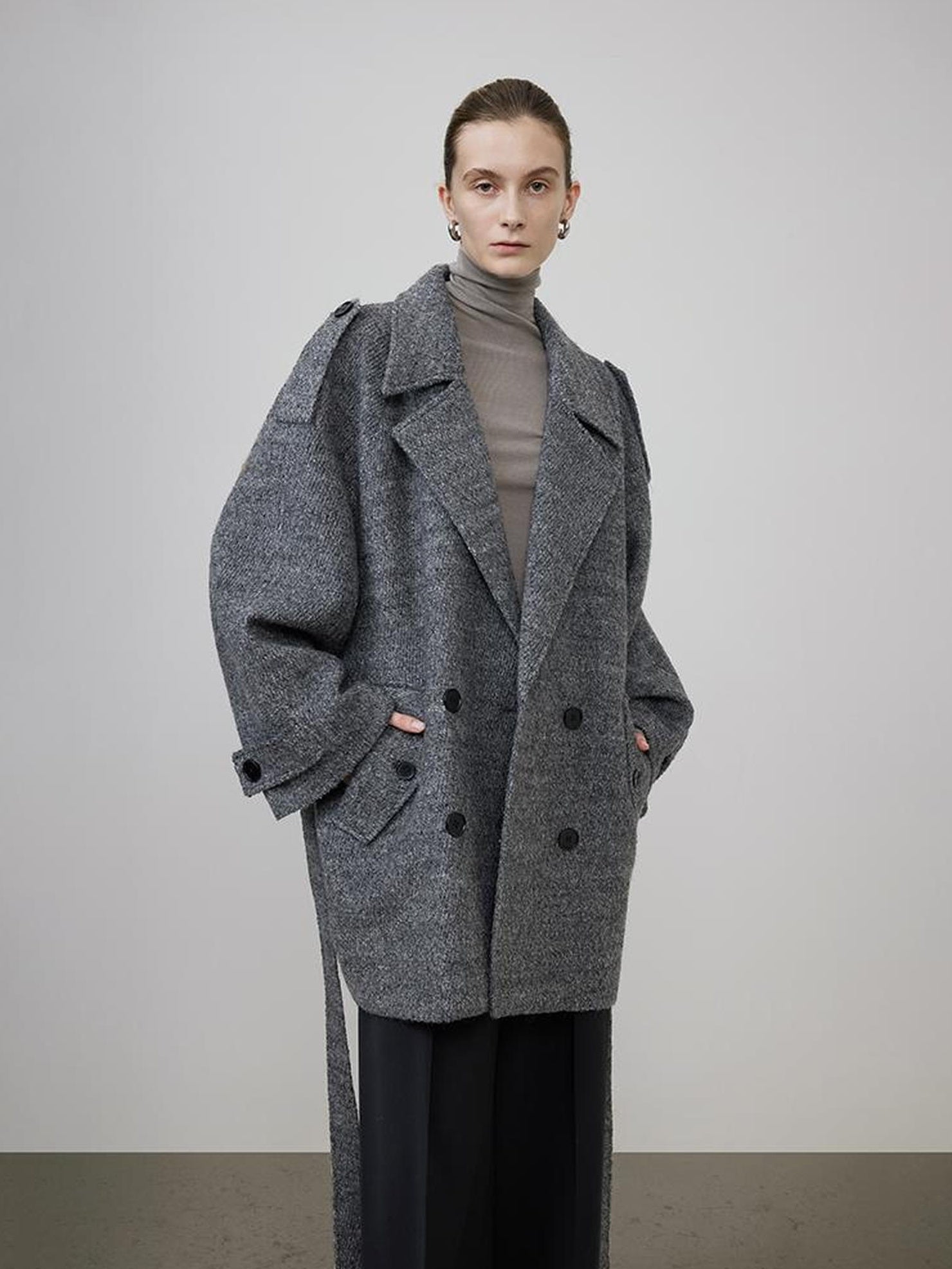 UNSPOKEN Warm Wool Blend Double Breasted Mid Gray Commuter Mid Length Coat