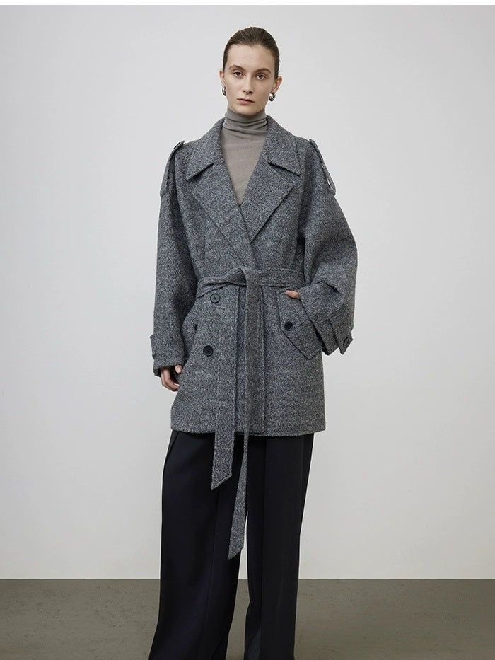 UNSPOKEN Warm Wool Blend Double Breasted Mid Gray Commuter Mid Length Coat