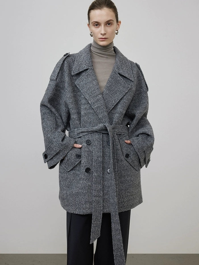 UNSPOKEN Warm Wool Blend Double Breasted Mid Gray Commuter Mid Length Coat