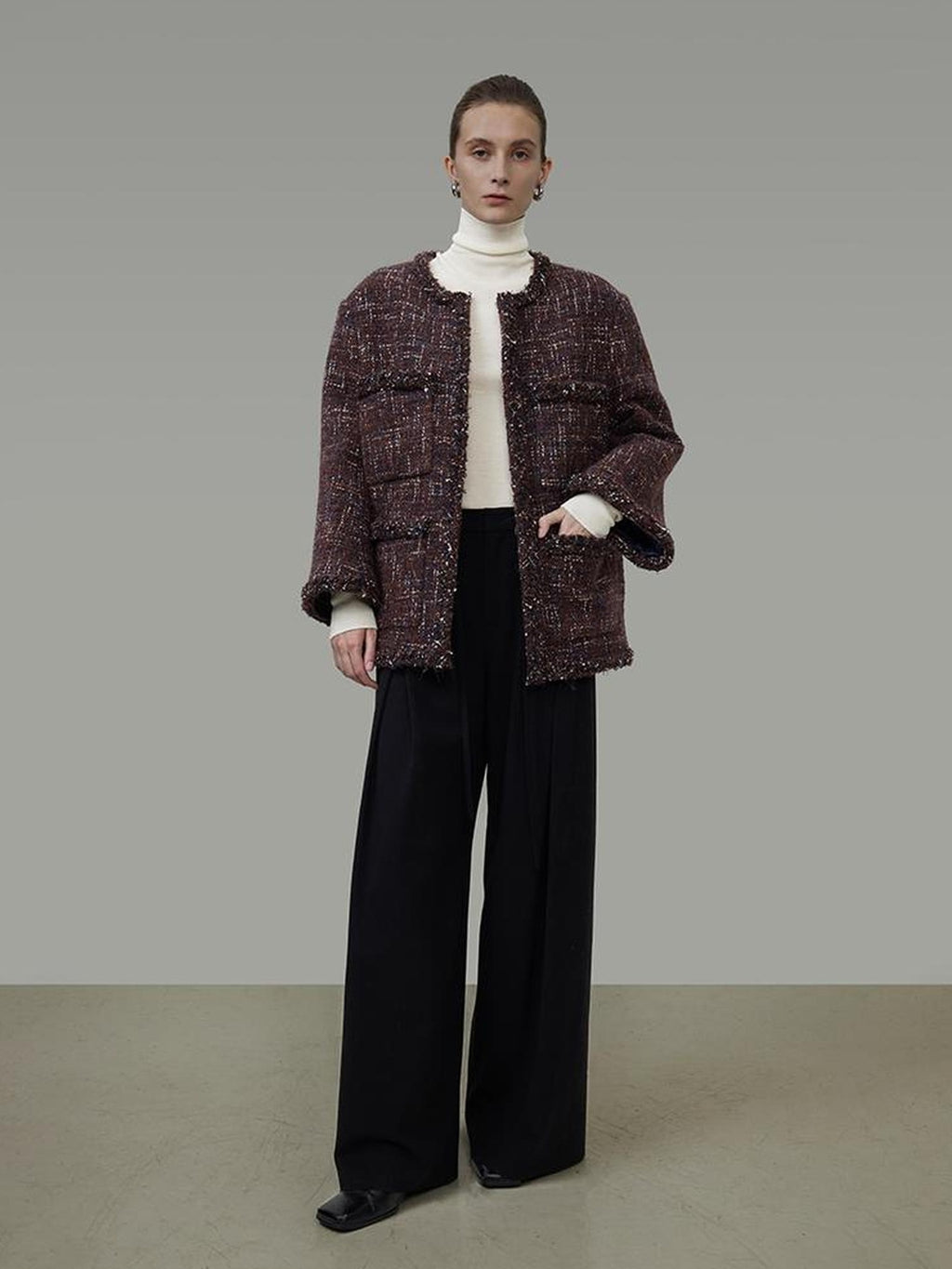 UNSPOKEN Warm Wool Oversized Commuter Round Neck Button Women Brown Blue Jacket