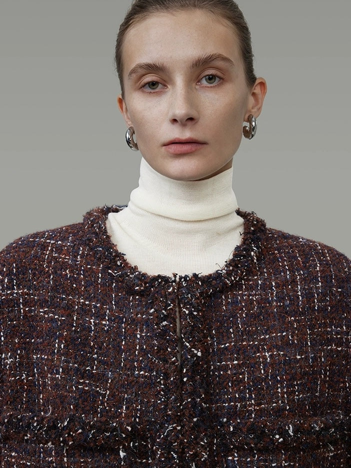 UNSPOKEN Warm Wool Oversized Commuter Round Neck Button Women Brown Blue Jacket