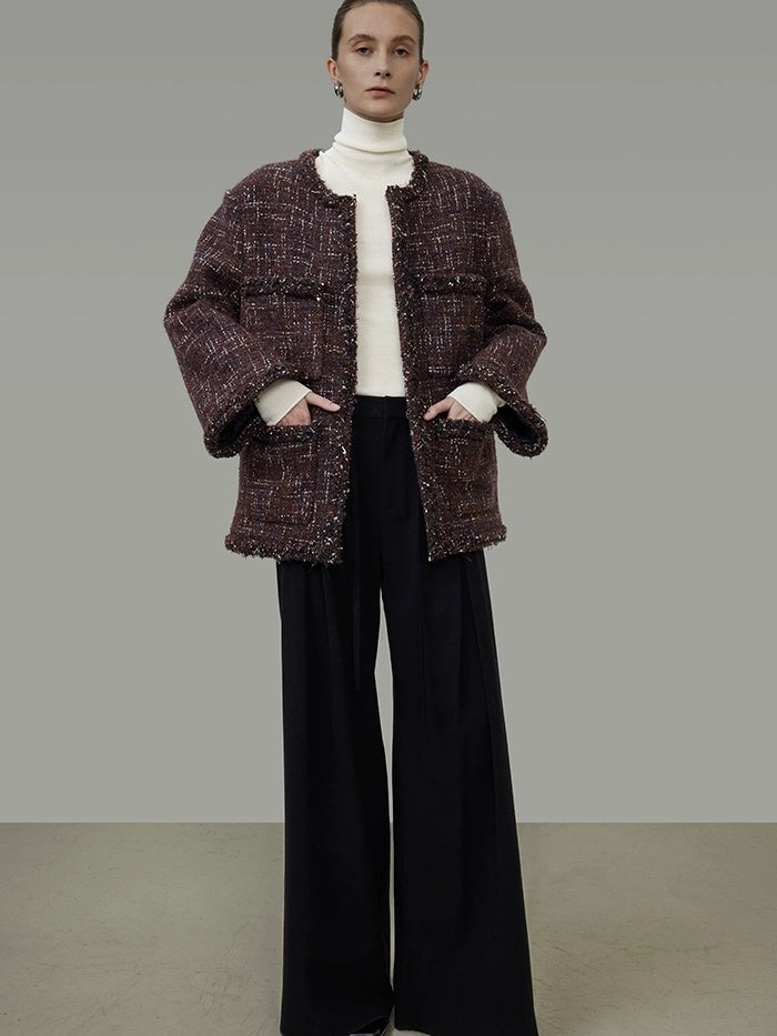 UNSPOKEN Warm Wool Oversized Commuter Round Neck Button Women Brown Blue Jacket