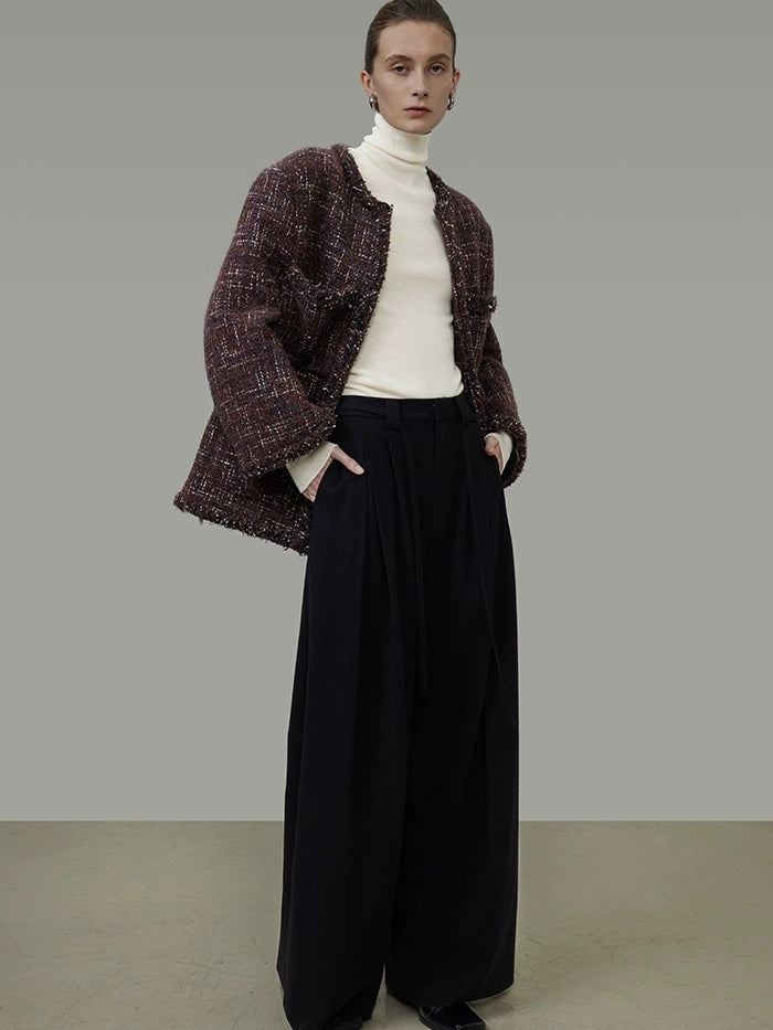 UNSPOKEN Warm Wool Oversized Commuter Round Neck Button Women Brown Blue Jacket