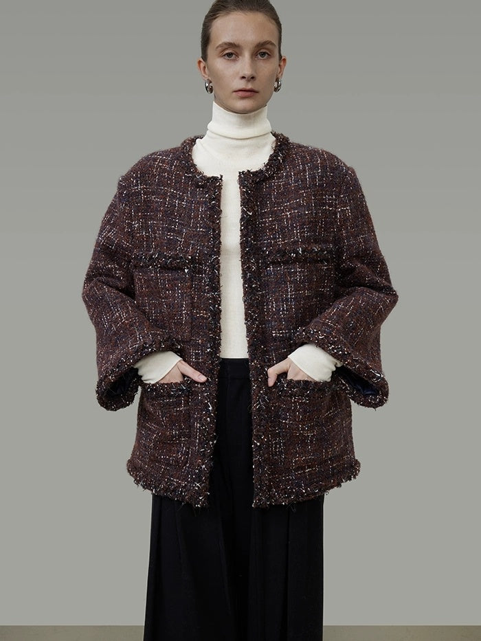 UNSPOKEN Warm Wool Oversized Commuter Round Neck Button Women Brown Blue Jacket