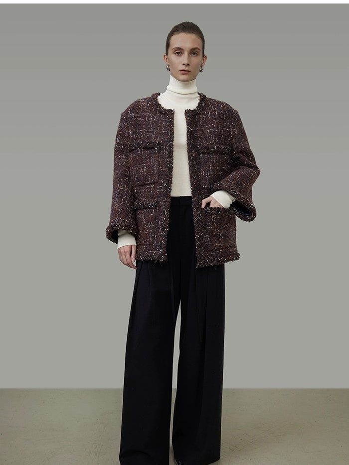 UNSPOKEN Warm Wool Oversized Commuter Round Neck Button Women Brown Blue Jacket