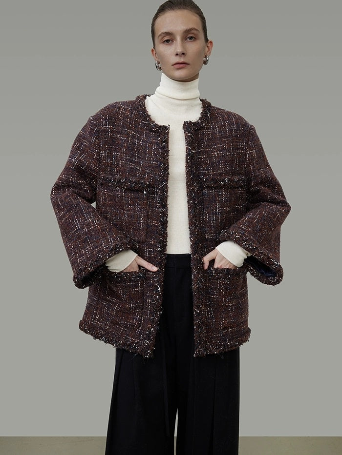 UNSPOKEN Warm Wool Oversized Commuter Round Neck Button Women Brown Blue Jacket