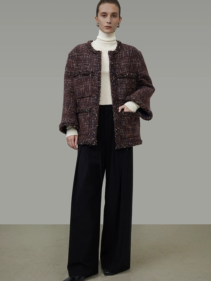 UNSPOKEN Warm Wool Oversized Commuter Round Neck Button Women Brown Blue Jacket