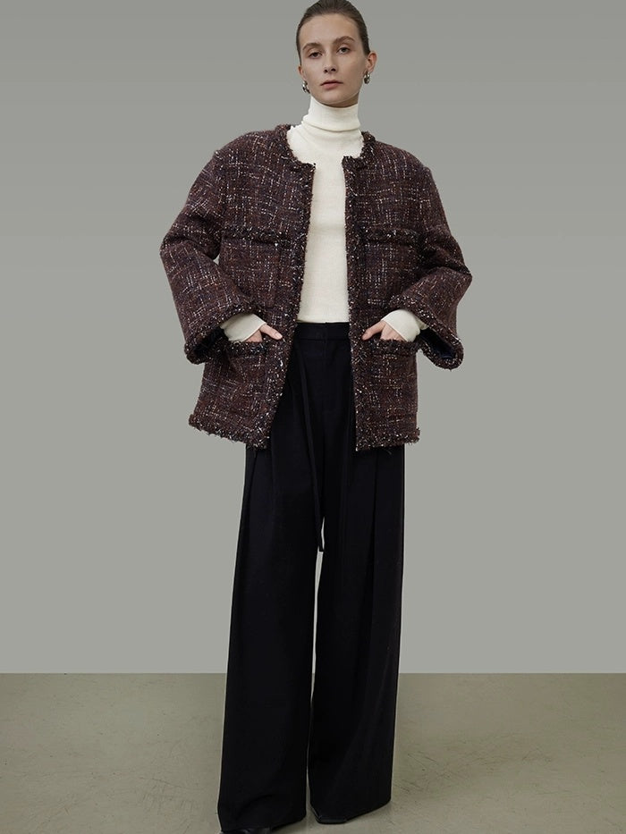 UNSPOKEN Warm Wool Oversized Commuter Round Neck Button Women Brown Blue Jacket