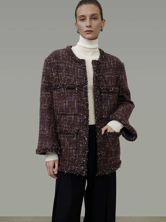 UNSPOKEN Warm Wool Oversized Commuter Round Neck Button Women Brown Blue Jacket