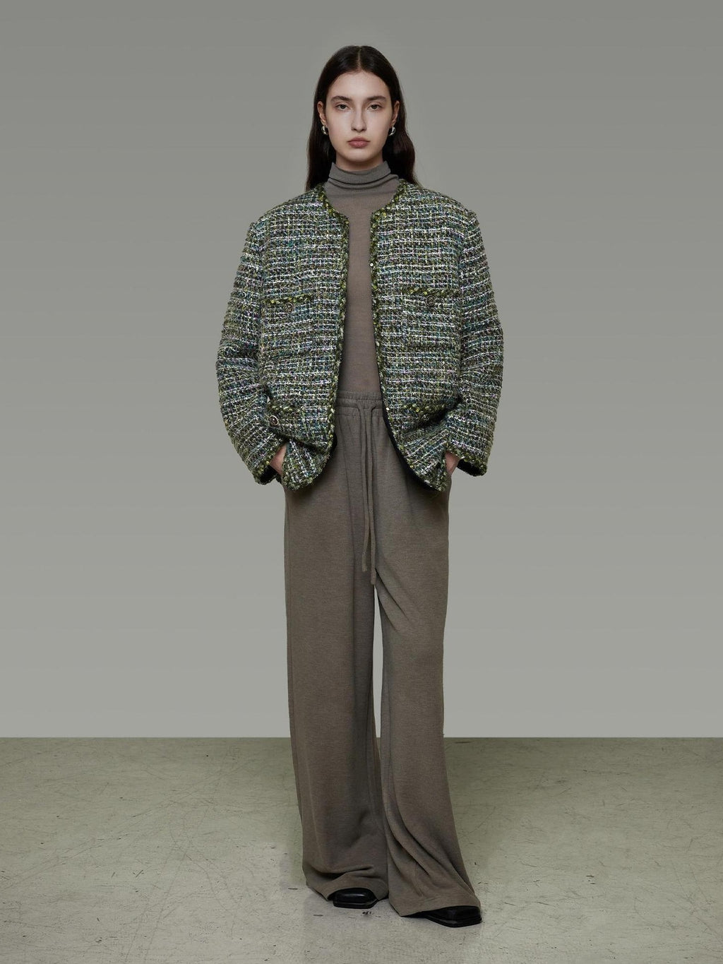 UNSPOKEN Wool Blend 3D Tailored Minimalist Commuter Loose Fit Round Neck Green Jacket