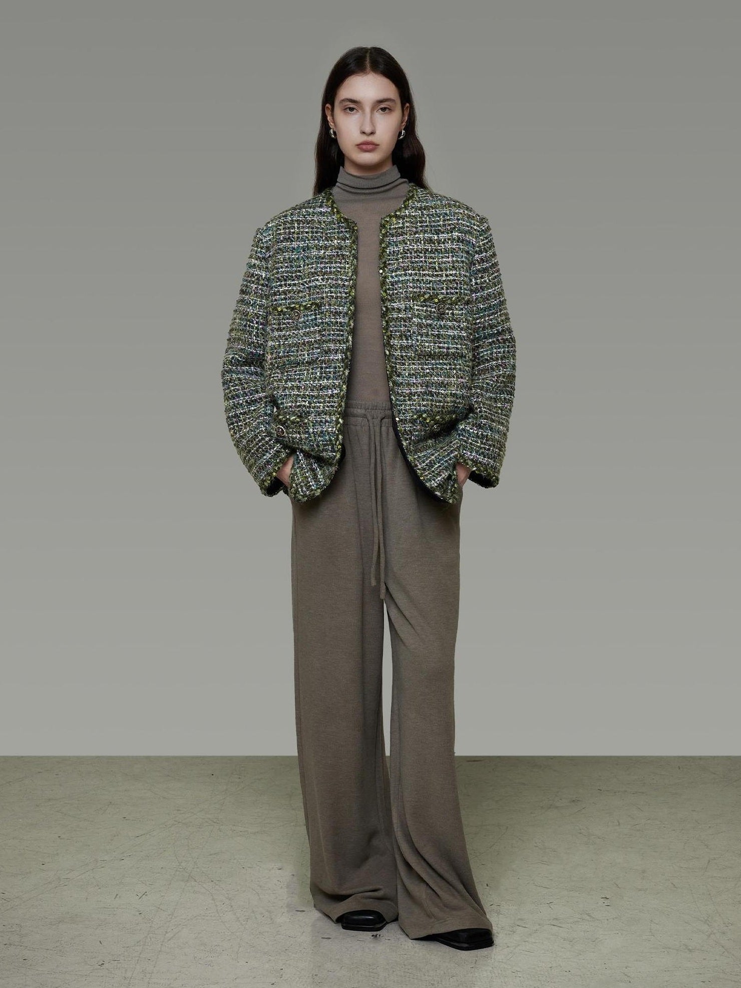 UNSPOKEN Wool Blend 3D Tailored Minimalist Commuter Loose Fit Round Neck Green Jacket