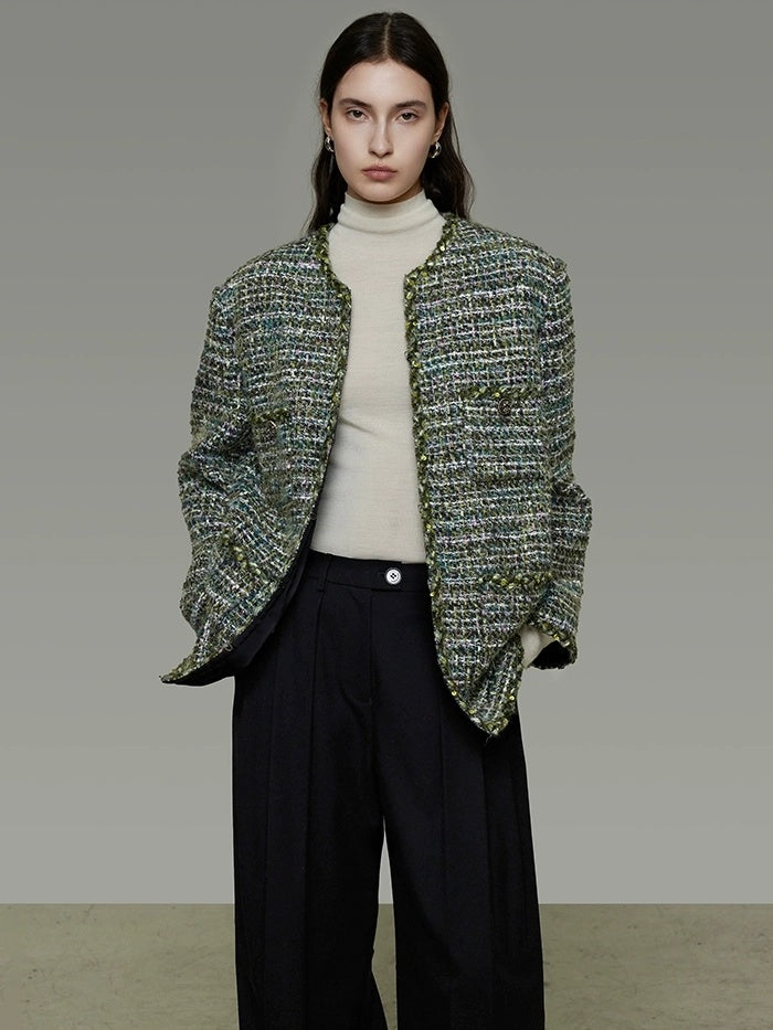 UNSPOKEN Wool Blend 3D Tailored Minimalist Commuter Loose Fit Round Neck Green Jacket