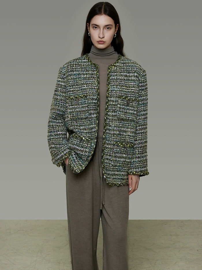 UNSPOKEN Wool Blend 3D Tailored Minimalist Commuter Loose Fit Round Neck Green Jacket