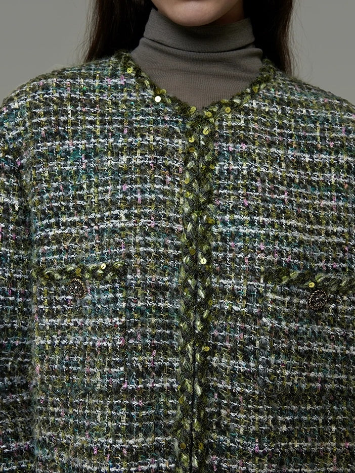 UNSPOKEN Wool Blend 3D Tailored Minimalist Commuter Loose Fit Round Neck Green Jacket