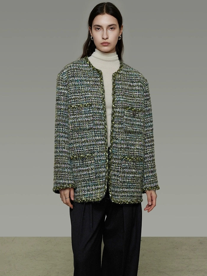 UNSPOKEN Wool Blend 3D Tailored Minimalist Commuter Loose Fit Round Neck Green Jacket