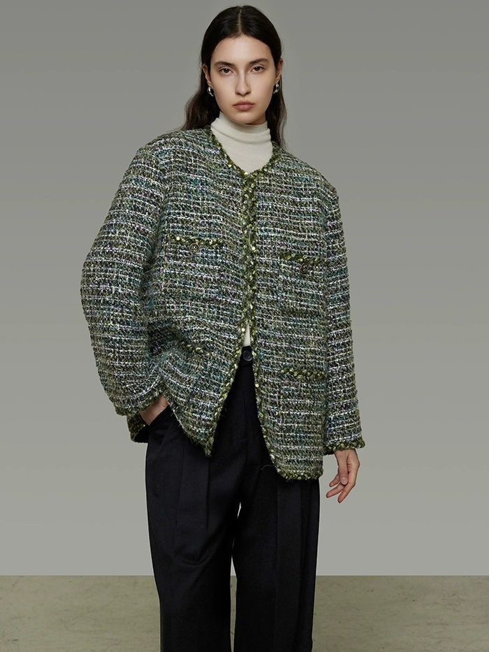 UNSPOKEN Wool Blend 3D Tailored Minimalist Commuter Loose Fit Round Neck Green Jacket