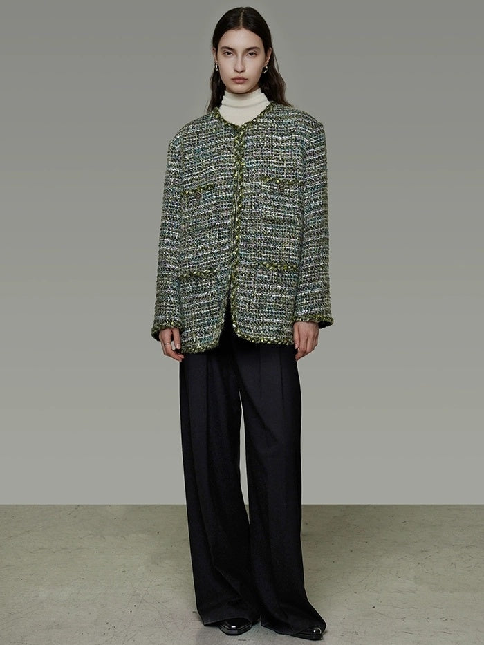 UNSPOKEN Wool Blend 3D Tailored Minimalist Commuter Loose Fit Round Neck Green Jacket