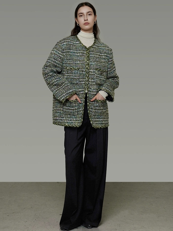 UNSPOKEN Wool Blend 3D Tailored Minimalist Commuter Loose Fit Round Neck Green Jacket