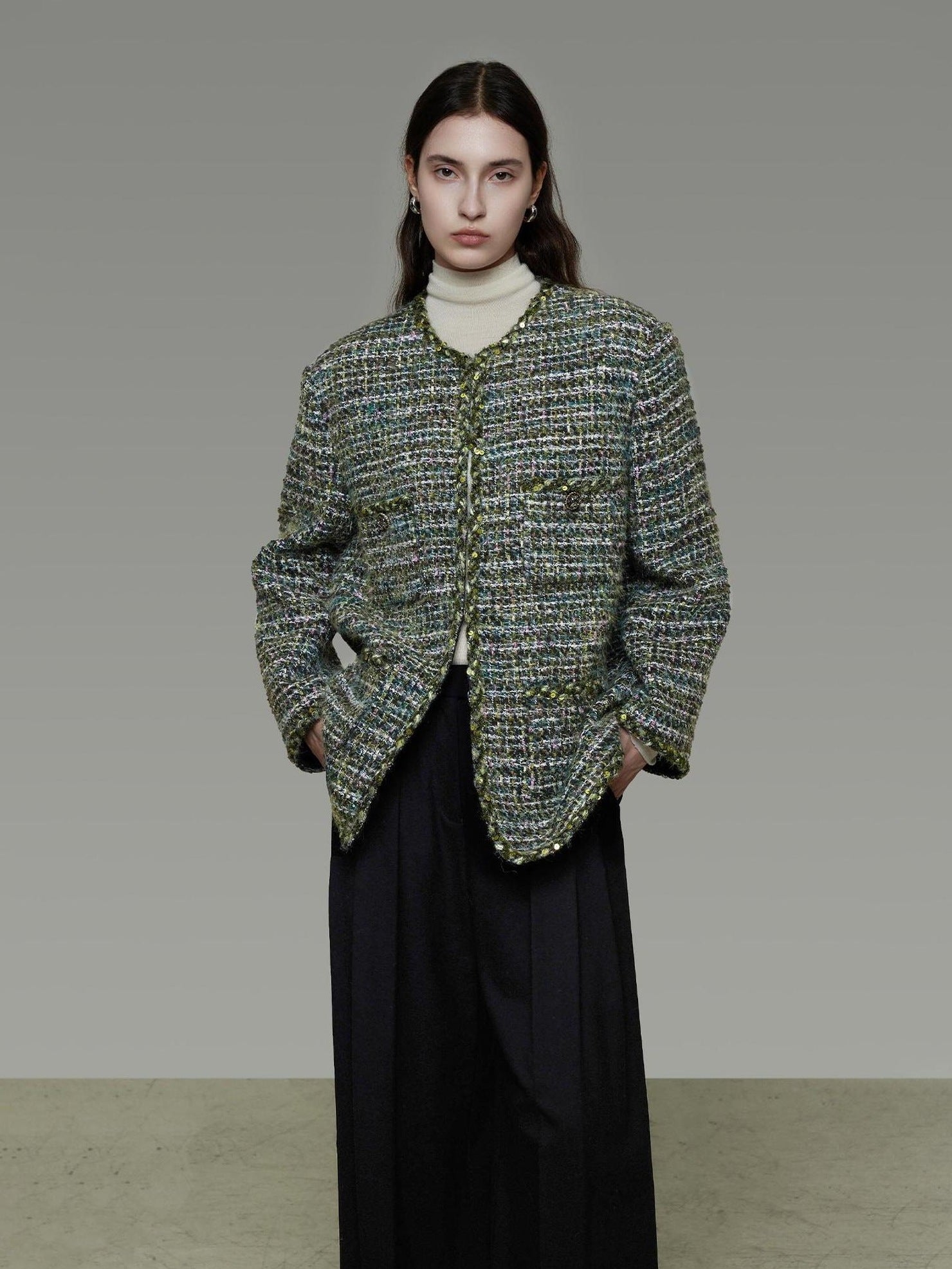 UNSPOKEN Wool Blend 3D Tailored Minimalist Commuter Loose Fit Round Neck Green Jacket