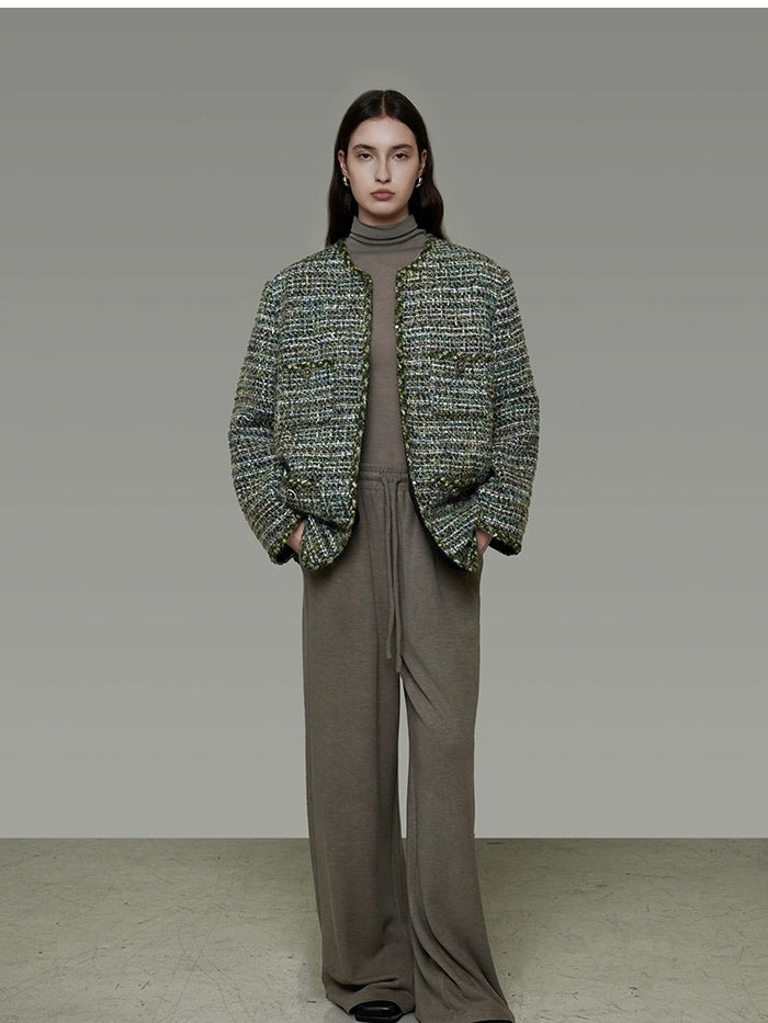 UNSPOKEN Wool Blend 3D Tailored Minimalist Commuter Loose Fit Round Neck Green Jacket