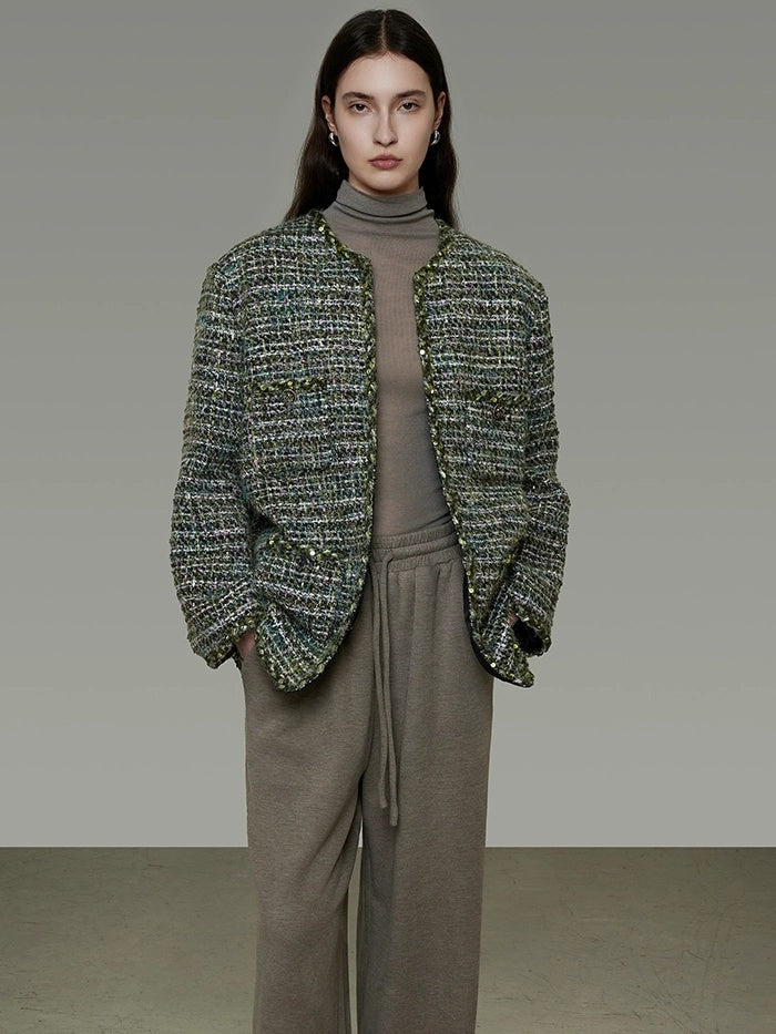 UNSPOKEN Wool Blend 3D Tailored Minimalist Commuter Loose Fit Round Neck Green Jacket