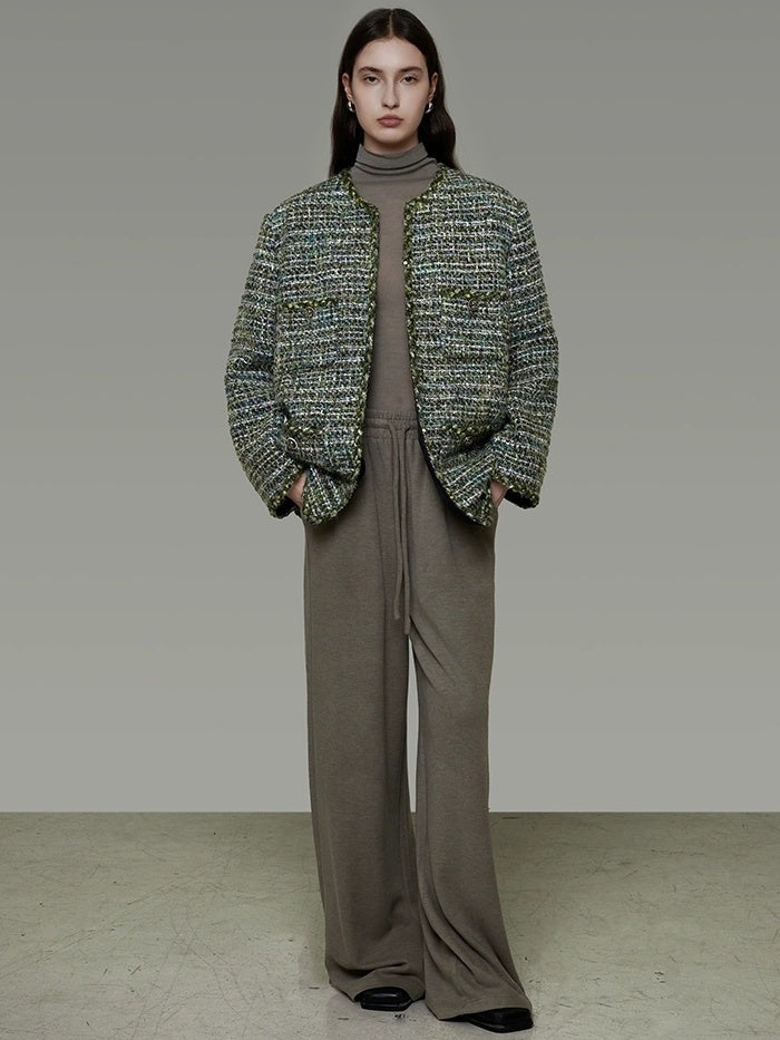 UNSPOKEN Wool Blend 3D Tailored Minimalist Commuter Loose Fit Round Neck Green Jacket