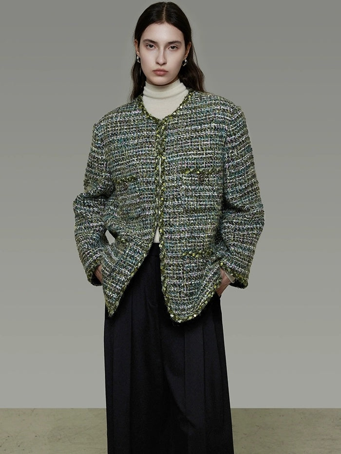 UNSPOKEN Wool Blend 3D Tailored Minimalist Commuter Loose Fit Round Neck Green Jacket