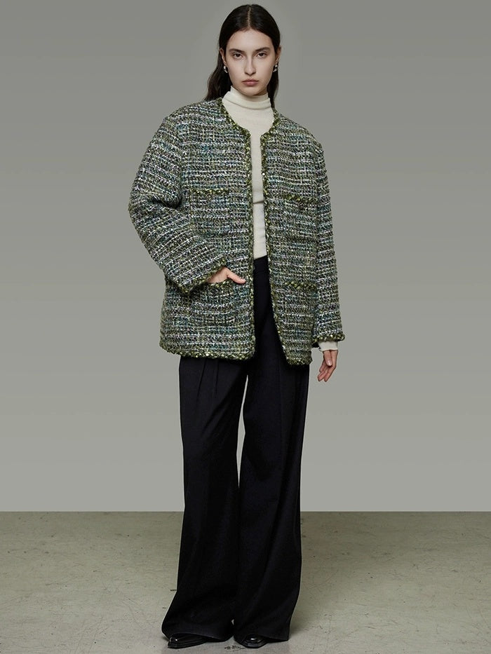 UNSPOKEN Wool Blend 3D Tailored Minimalist Commuter Loose Fit Round Neck Green Jacket