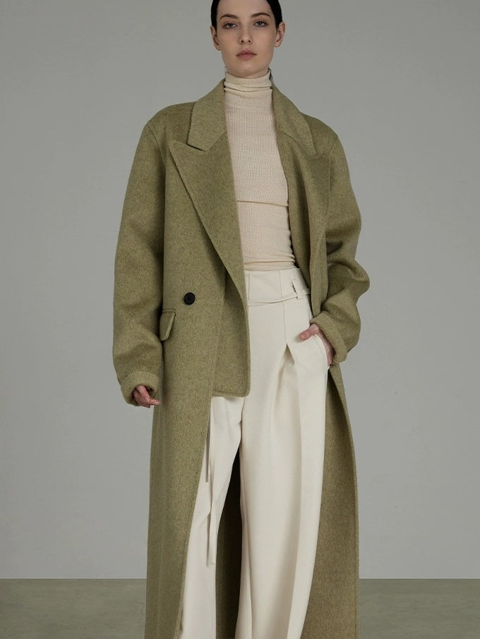 UNSPOKEN Wool Blend Double Breasted Faux Two Piece Straight Fit Commuter Avocado Coat