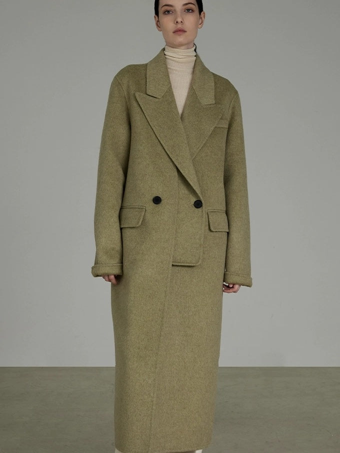 UNSPOKEN Wool Blend Double Breasted Faux Two Piece Straight Fit Commuter Avocado Coat