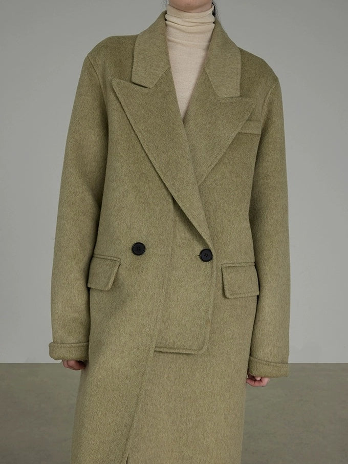 UNSPOKEN Wool Blend Double Breasted Faux Two Piece Straight Fit Commuter Avocado Coat