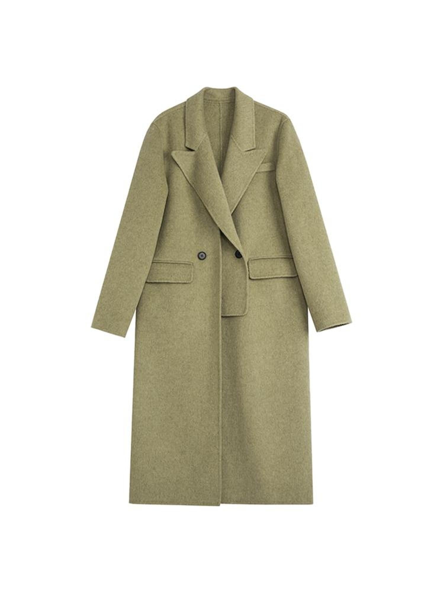 UNSPOKEN Wool Blend Double Breasted Faux Two Piece Straight Fit Commuter Avocado Coat