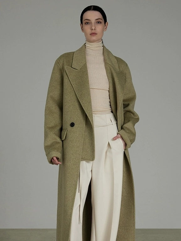 UNSPOKEN Wool Blend Double Breasted Faux Two Piece Straight Fit Commuter Avocado Coat