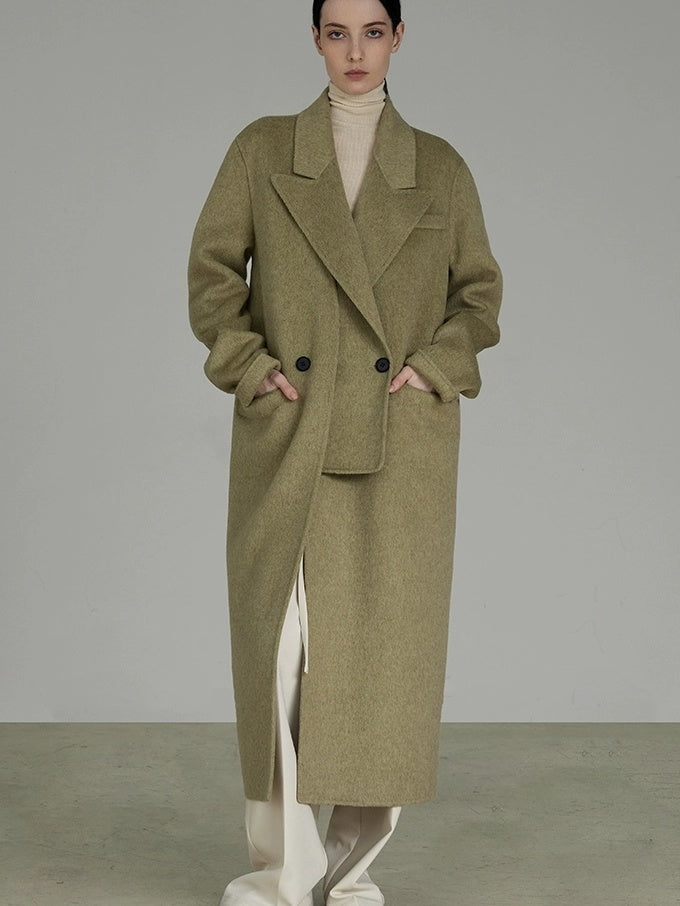 UNSPOKEN Wool Blend Double Breasted Faux Two Piece Straight Fit Commuter Avocado Coat