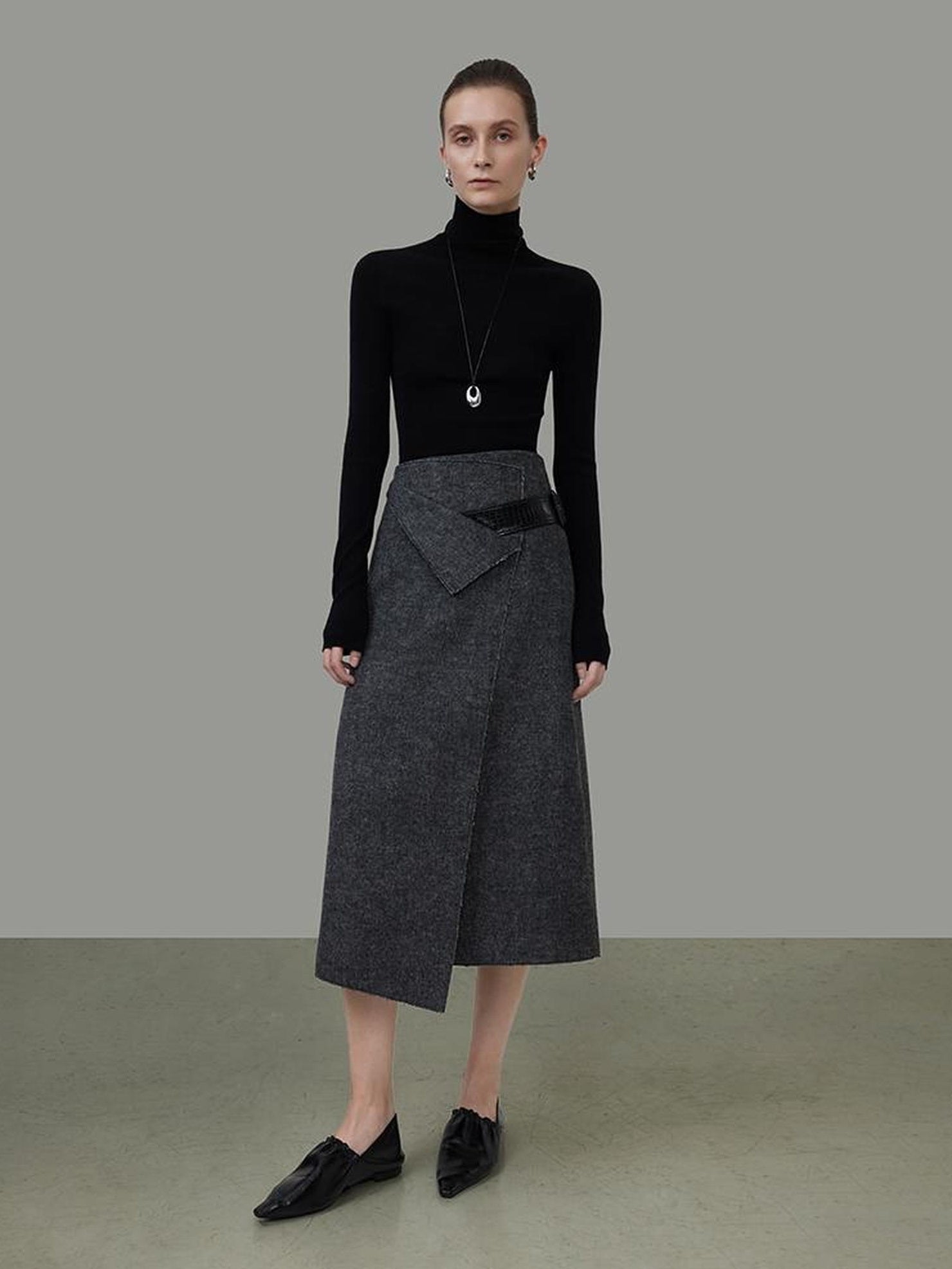 UNSPOKEN Wool Blend Lined Minimalist Workwear Asymmetric Mid Waist Dark Gray Midi Skirt