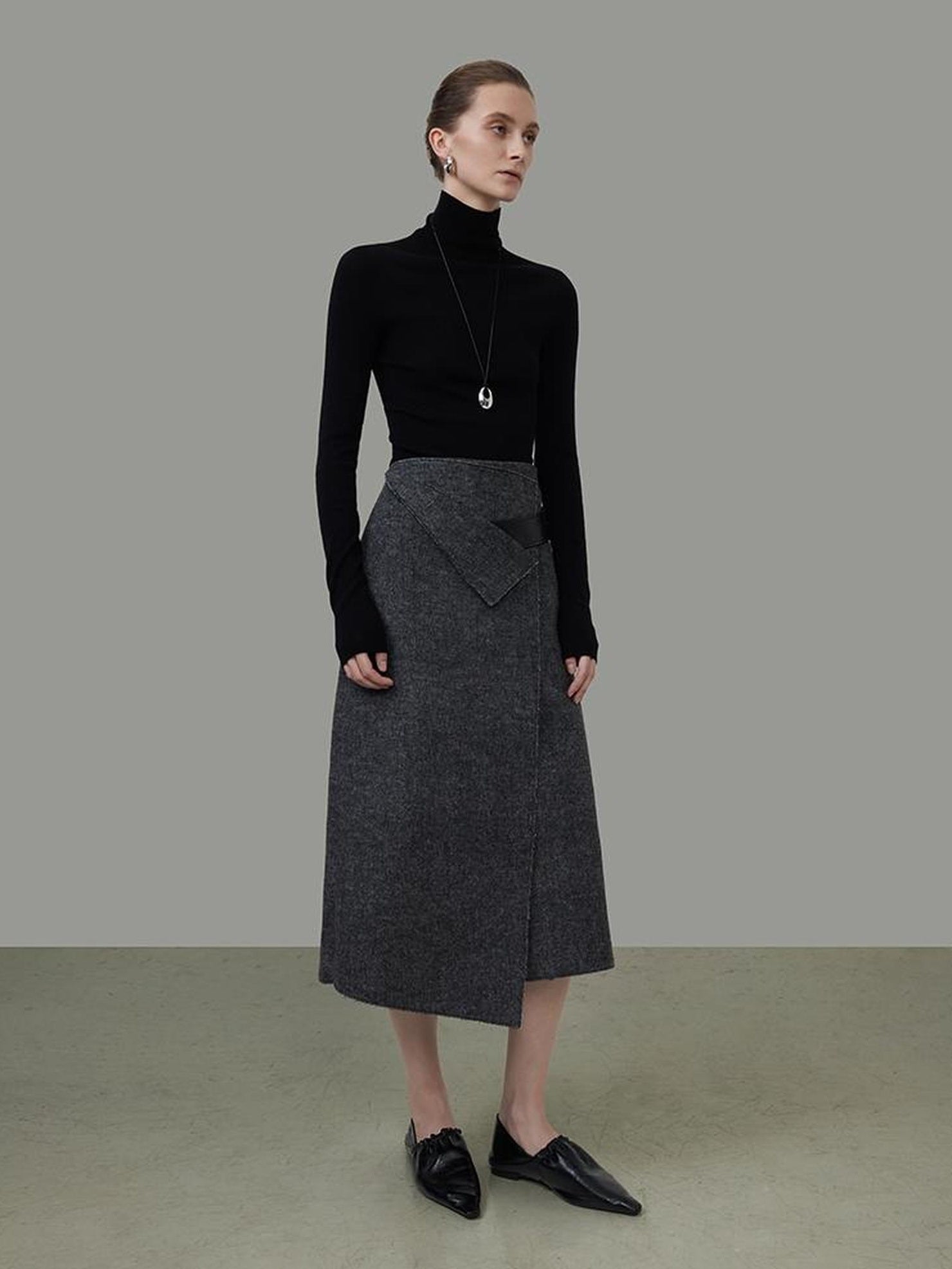 UNSPOKEN Wool Blend Lined Minimalist Workwear Asymmetric Mid Waist Dark Gray Midi Skirt