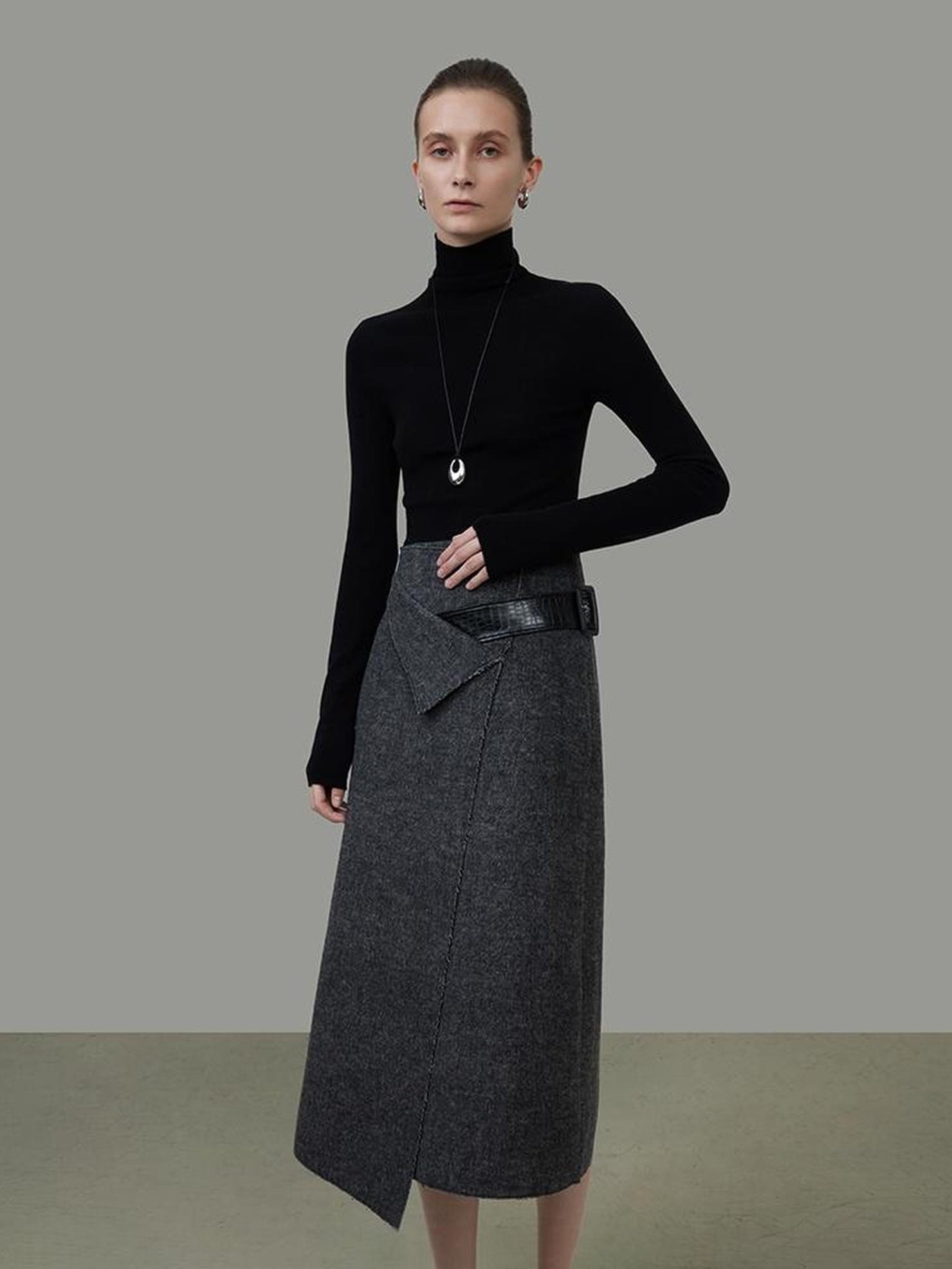 UNSPOKEN Wool Blend Lined Minimalist Workwear Asymmetric Mid Waist Dark Gray Midi Skirt