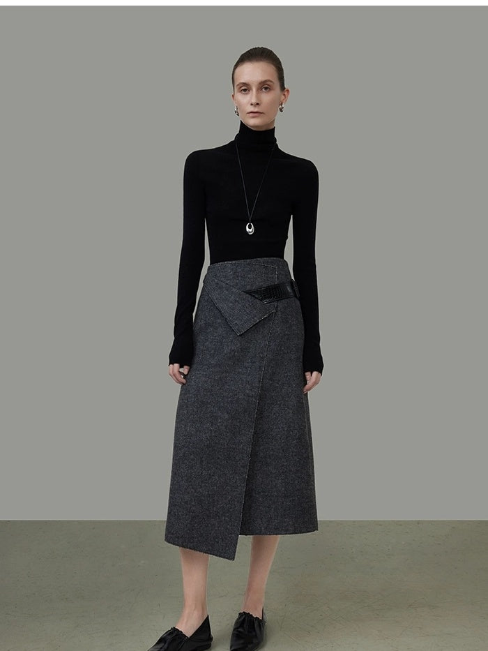 UNSPOKEN Wool Blend Lined Minimalist Workwear Asymmetric Mid Waist Dark Gray Midi Skirt
