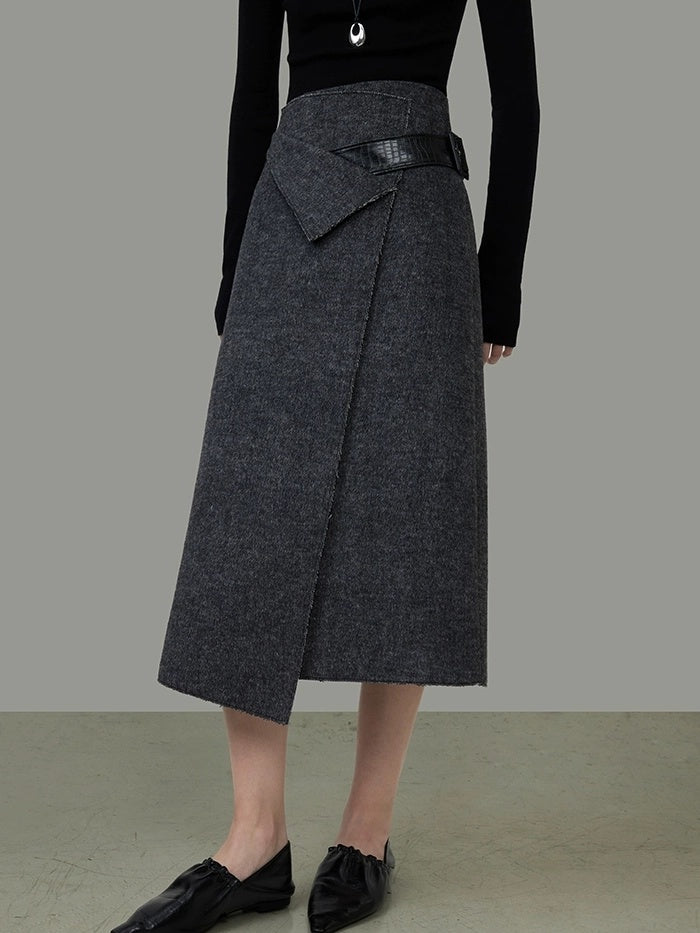 UNSPOKEN Wool Blend Lined Minimalist Workwear Asymmetric Mid Waist Dark Gray Midi Skirt