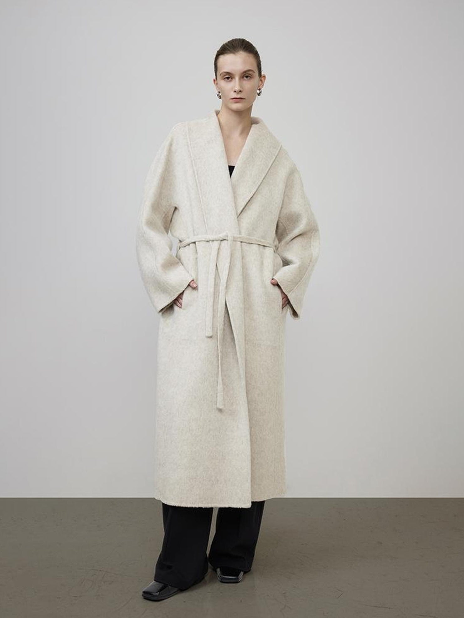 UNSPOKEN Wool Rabbit Cashmere Silk Blend Minimal Straight Belted Workwear Longline Coat